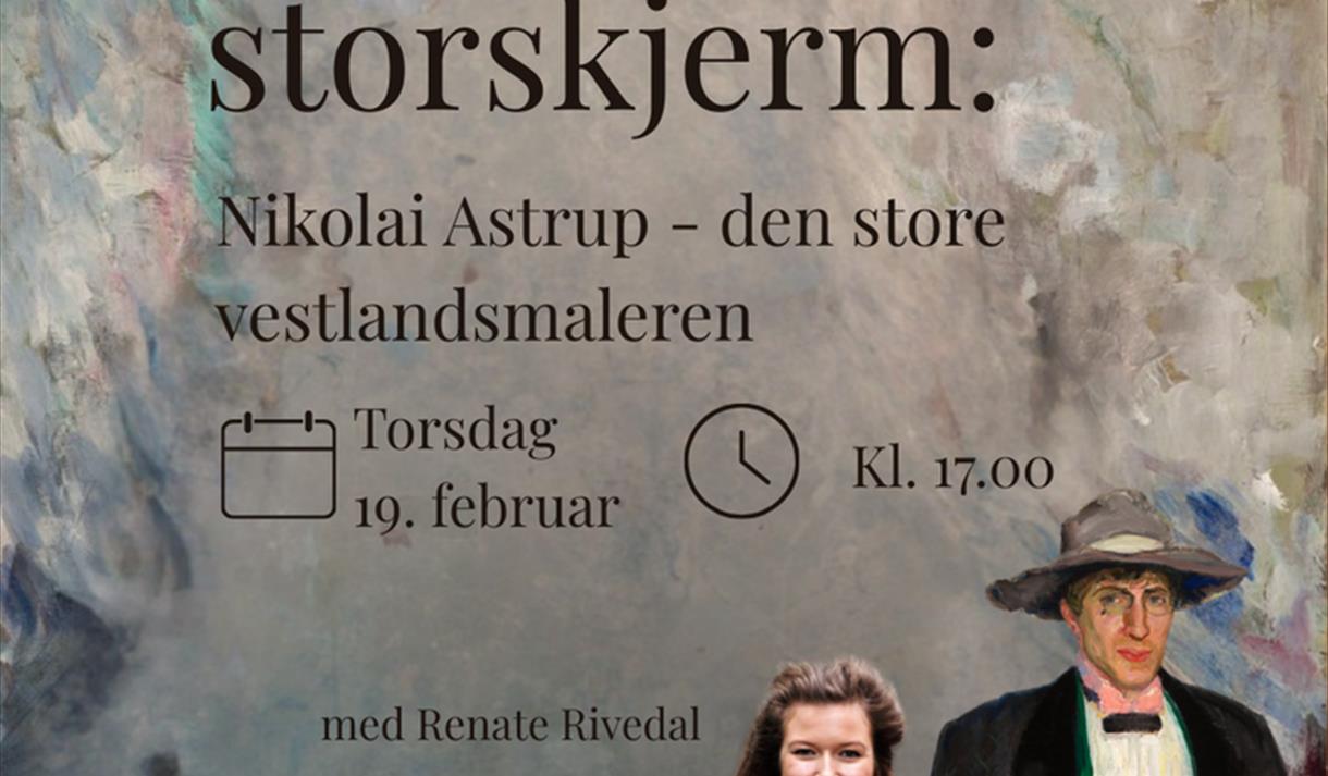 plakat i grått og blåfarger, en dame i grå jakke og oransje genser og mann med hatt og sort jakker, grønn vest