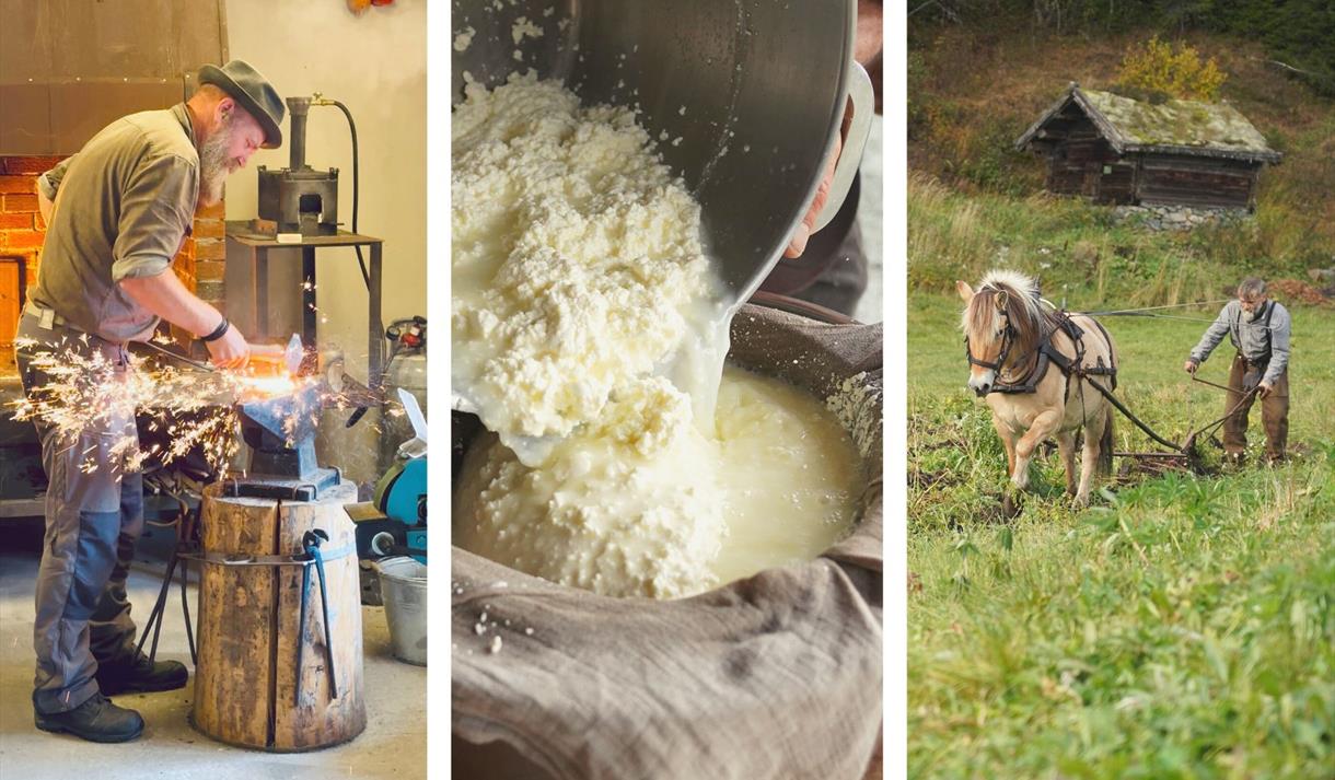 Smiing av knivblad, ysting av ost og åkerarbeid med hest, Vest-Telemark museum.