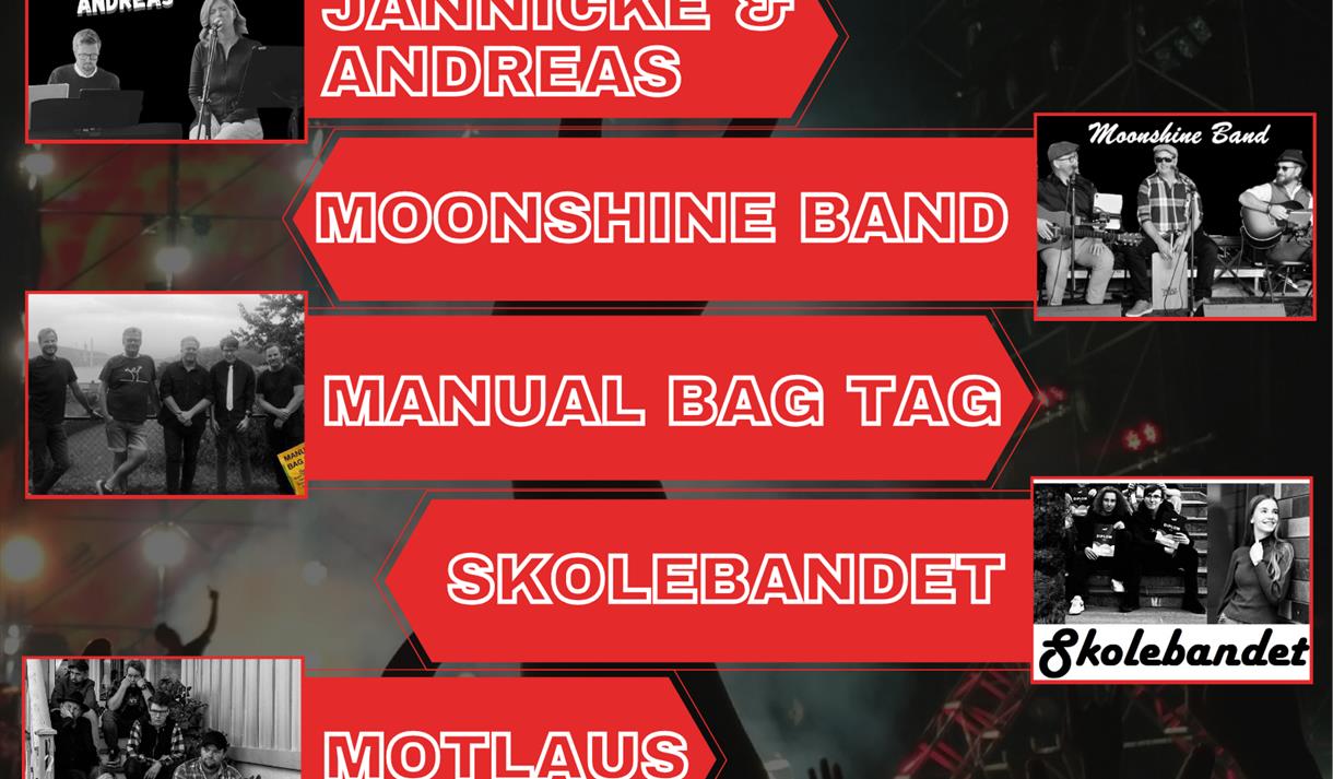 plakat med sort bakgrunn, rødefirkanter med hvit skrift. Sorthvitt bilder av band