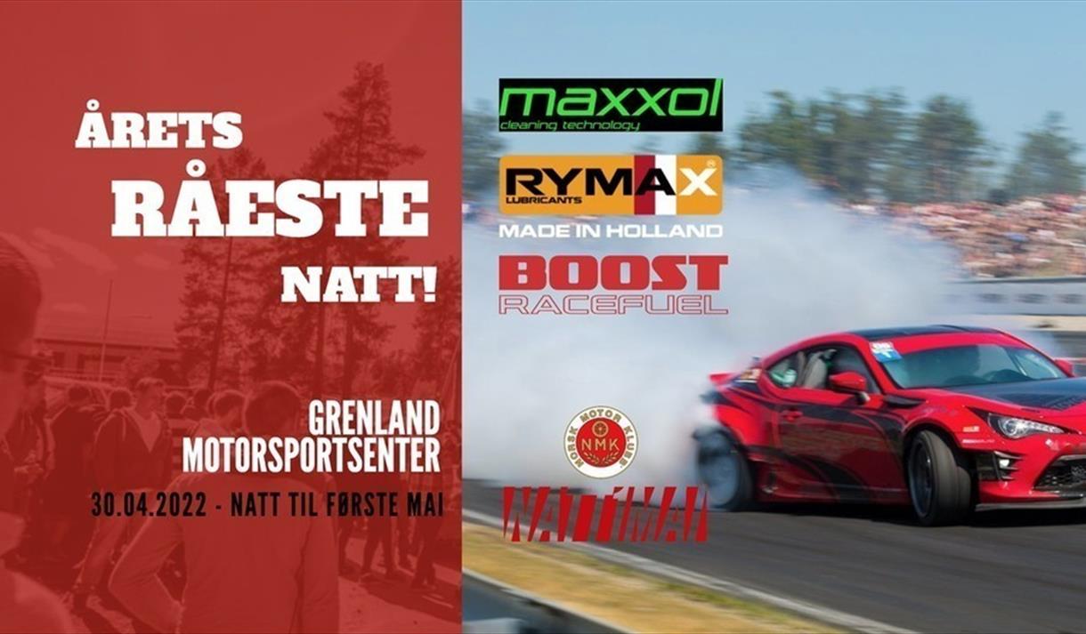 Plakat: Årets råeste natt med en rød raserbil.