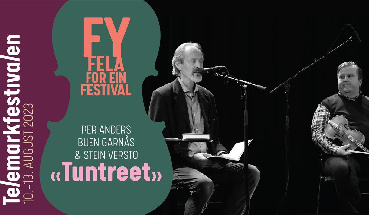 Plakat Telemarksfestivalen. Bilde av 2 menn på en scene.