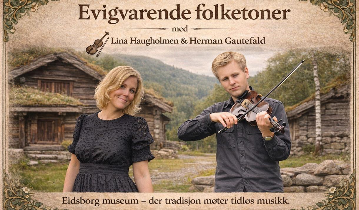 Plakat for konsert med Lina Haugholmen og Herman Gautefald på museet i Eidsborg