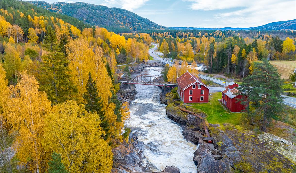 Omnesfossen waterfall and Heddal Mill in Sauland.