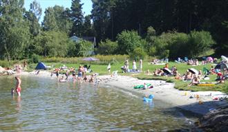 people swimming on a sandy beach at Dikkon bathing place on Sandøya