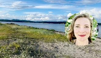 sjø og grønne sletter med sand - ovalt bilde av lys dame med langt hår