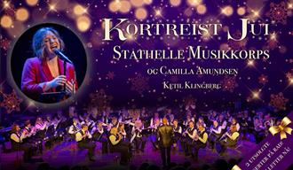 bilde med lilla farger, mennesker med blåseinstrumenter , dame i rødt som synger