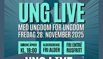 plakat i turkise blåfarger med hvit og turkis skrift