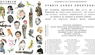 Utstillingsplakat "Streif langs Sogevegen" med mange tegnefigurer