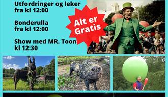 Turkis plakat med sort skrift. bilder av tryllekunstner med grønn flosshatt og dyr