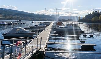 Nesøya Marina Gjestebrygge i Notodden om sommeren. Foto