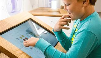 boy looks at an interactive screen at the porcelain museum in Porsgrunn