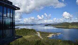 View from the terrace at Hardangervidda National Park Center over lake Møsvatn