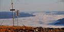 Utsikt fra Krintofjell på Lifjell, en topp på 930 meter over havet. Et sky- og tåkelag ligger tett over bygdene nedenfor.