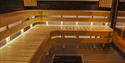 sauna with window in the floor of the sauna boat Melvin in Porsgrunn