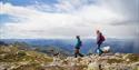 two walkers with a dog on top of mount Skorve