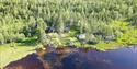 drone image of Langtjern cabin in the woods by the water