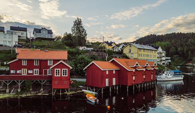 Handelsbuene i prestestranda i Drangedal med turistbåten Tokedølen