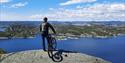 cyclist standing on a boulder and looking out over the Kragerø archipelago