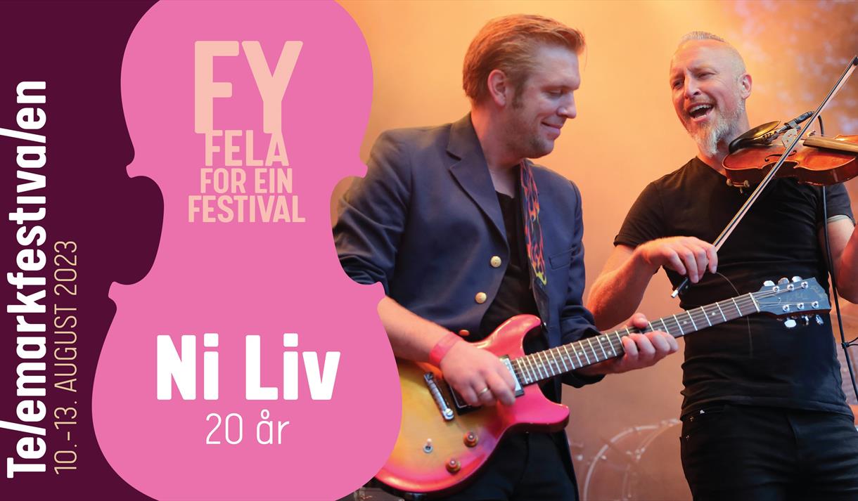 Telemarkfestivalen plakat med en mann med gitar og en med fele