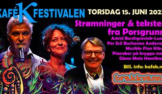 Plakat om festivalen Brakkvann. Bildet viser tekst og 2 menn og en dame med mikrofon