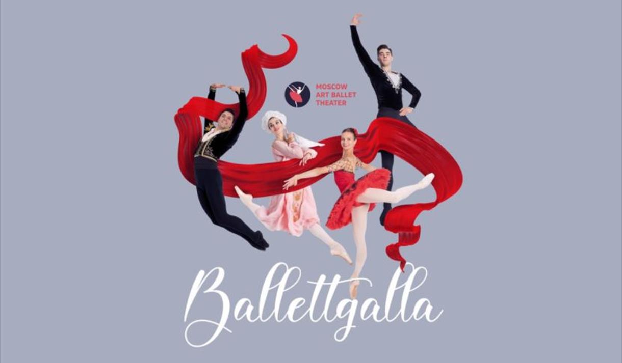 Moscow Art Ballet Theatre Ballettgalla plakat. bilde av 4 ballettdanser, 2 kvinner og to menn i rødt og sort