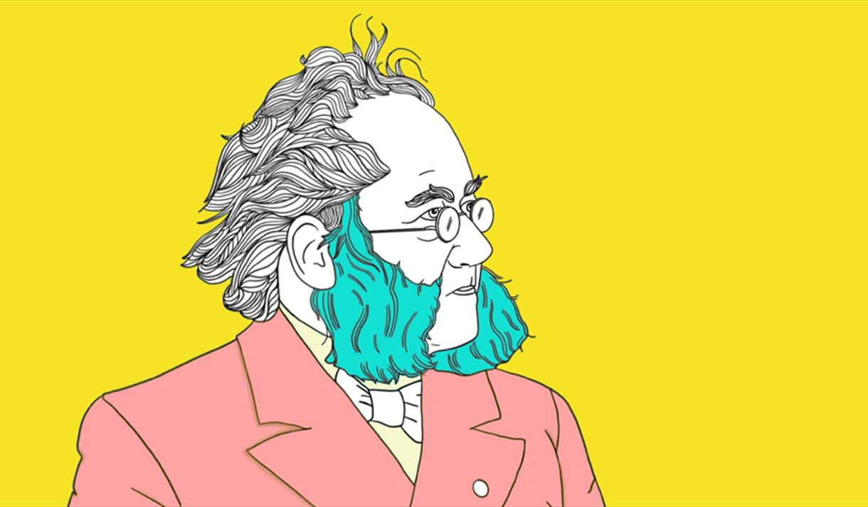 Tegning av Henrik Ibsen med rosa dressjakke og grønt skjegg