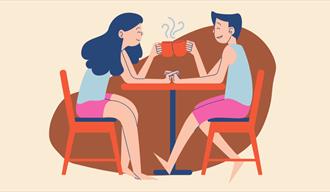 Bilde av to mennesker som drikker kaffe ved et bord med teksten Speedfriending.