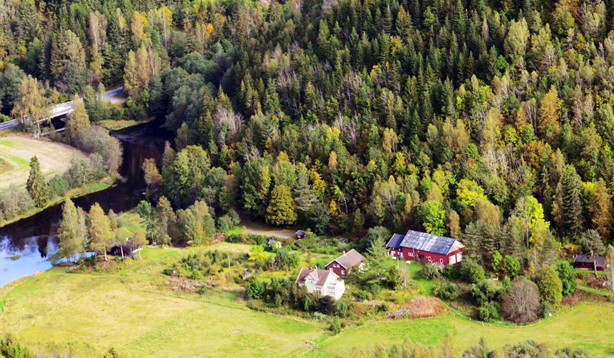 drone image of auen herb farm in Siljan