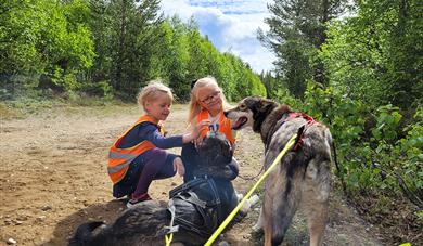 2 girls pet the dogs from Telemark Husky Tours 