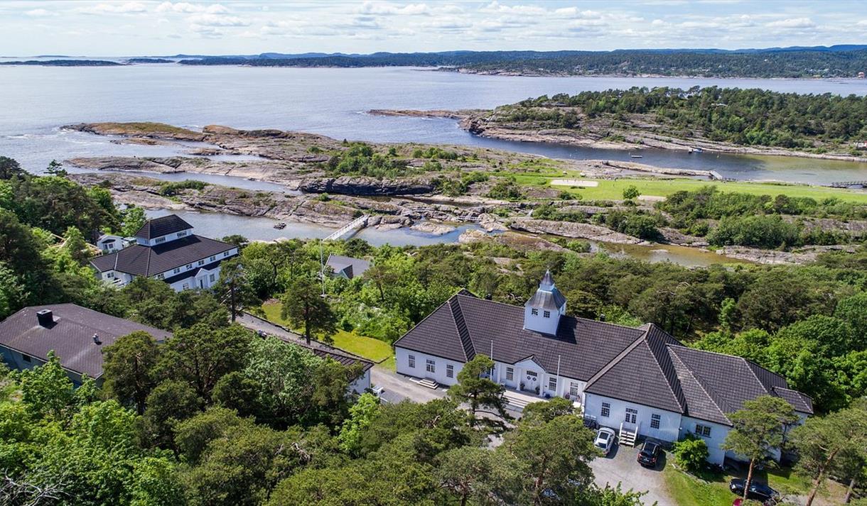 drone image of Langesund baths and the area around the hotel