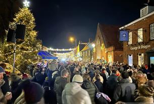 People gathered round the Christmas Tree and christmas lights.