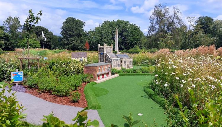 Miniture church on adventure golf course