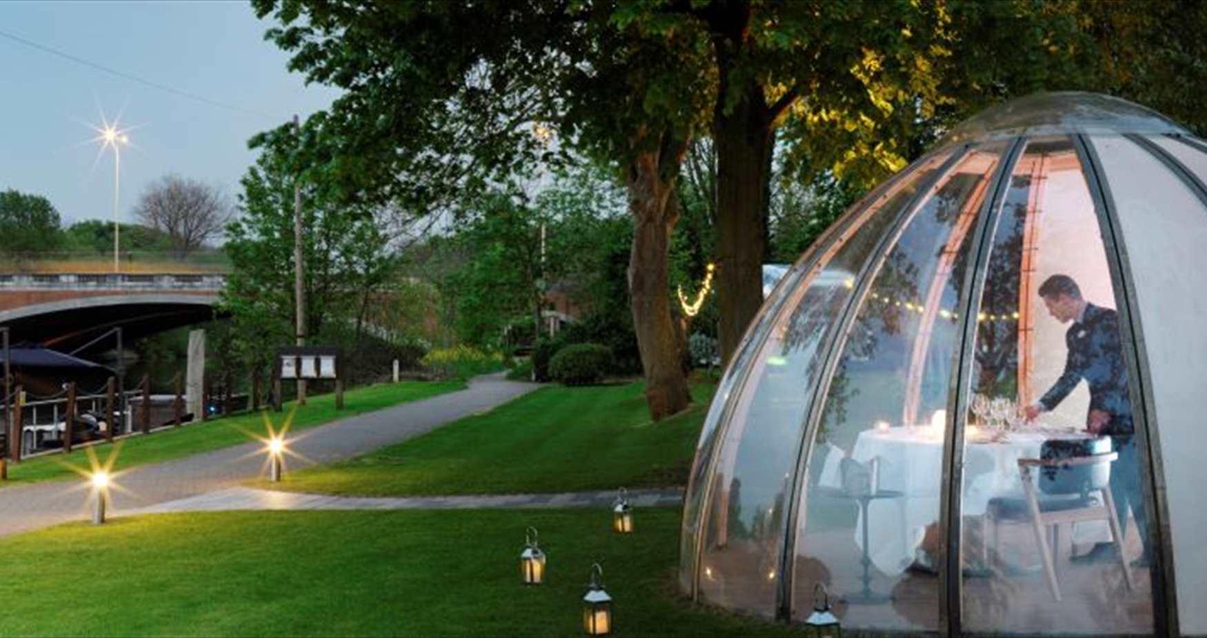 Unique private dining experience in the Dome on the river bank at Runnymede on Thames hotel, near Windsor, River Thames