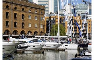 Luxury London Afloat boat show, boats at St. Katharine Dock