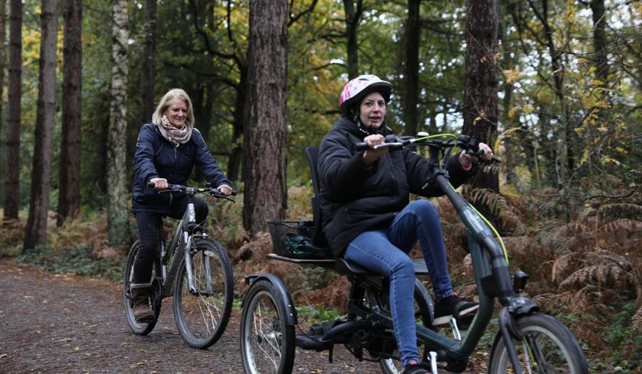 People riding bikes through the trees at Alice Holt Forest one using an adapted bike and one a standard bike