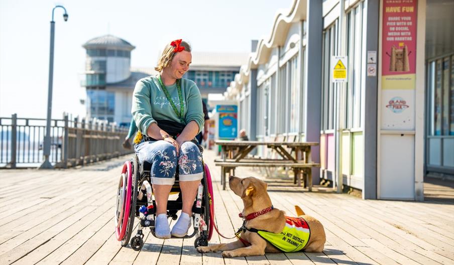 woman in wheelchair with a service dog at The Grand Pier