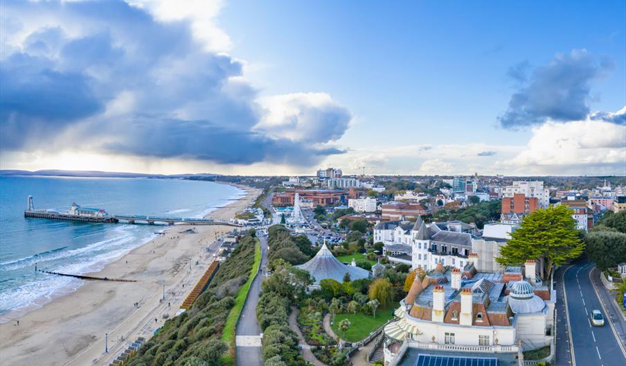 Views across Bournemouth beach and pier from Marsham Court Hotel