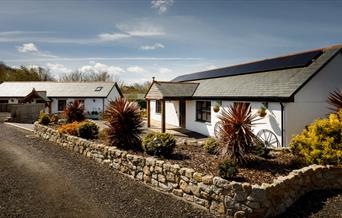 Outside of The Coach House Cornwall shows two white buildings with a garden that has some plants in it.