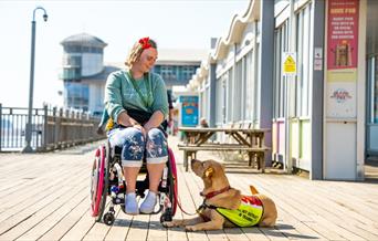 woman in wheelchair with a service dog at The Grand Pier