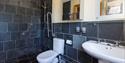 Bathroom at Asheston Eco Barns showing a wet room style shower with handrails