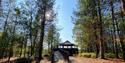 A cabin with a wheelchair ramp in the woods at Moors Valley Country Park and Forest