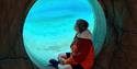 A boy on a Relaxed Tour sat in a circle shaped hole looking through glass at the penguin pool at London Zoo