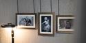 Three framed black-and-white photos hang on a textured wall under soft light. The images depict vintage scenes with an elegant, nostalgic feel.