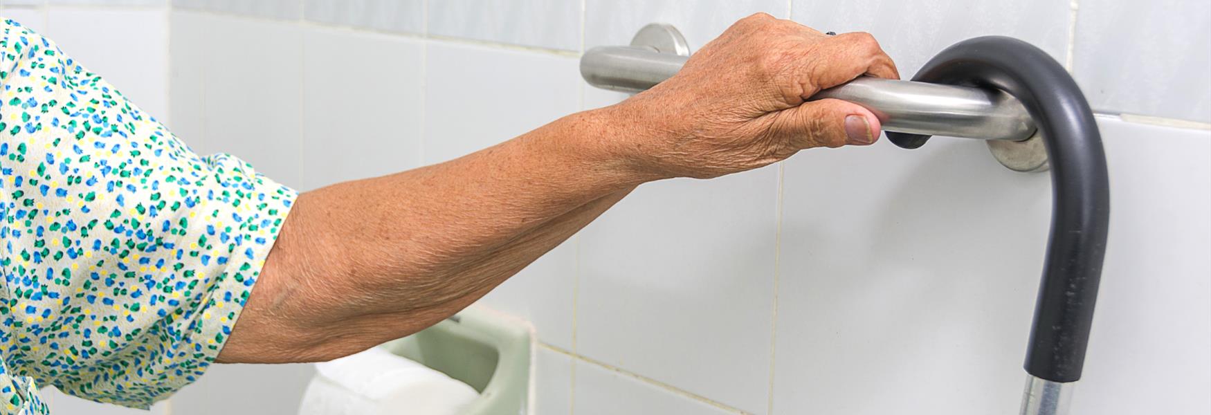 Image of arm holding a grab rail in toilet