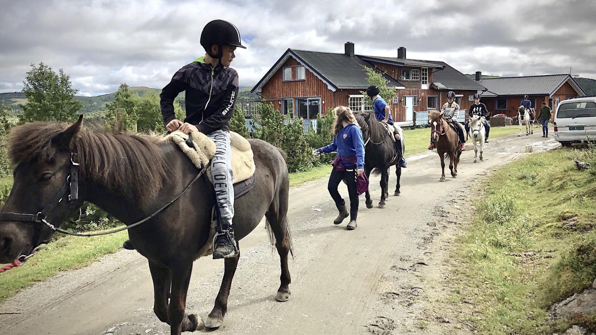 Barn rir på hest i fjellandskap