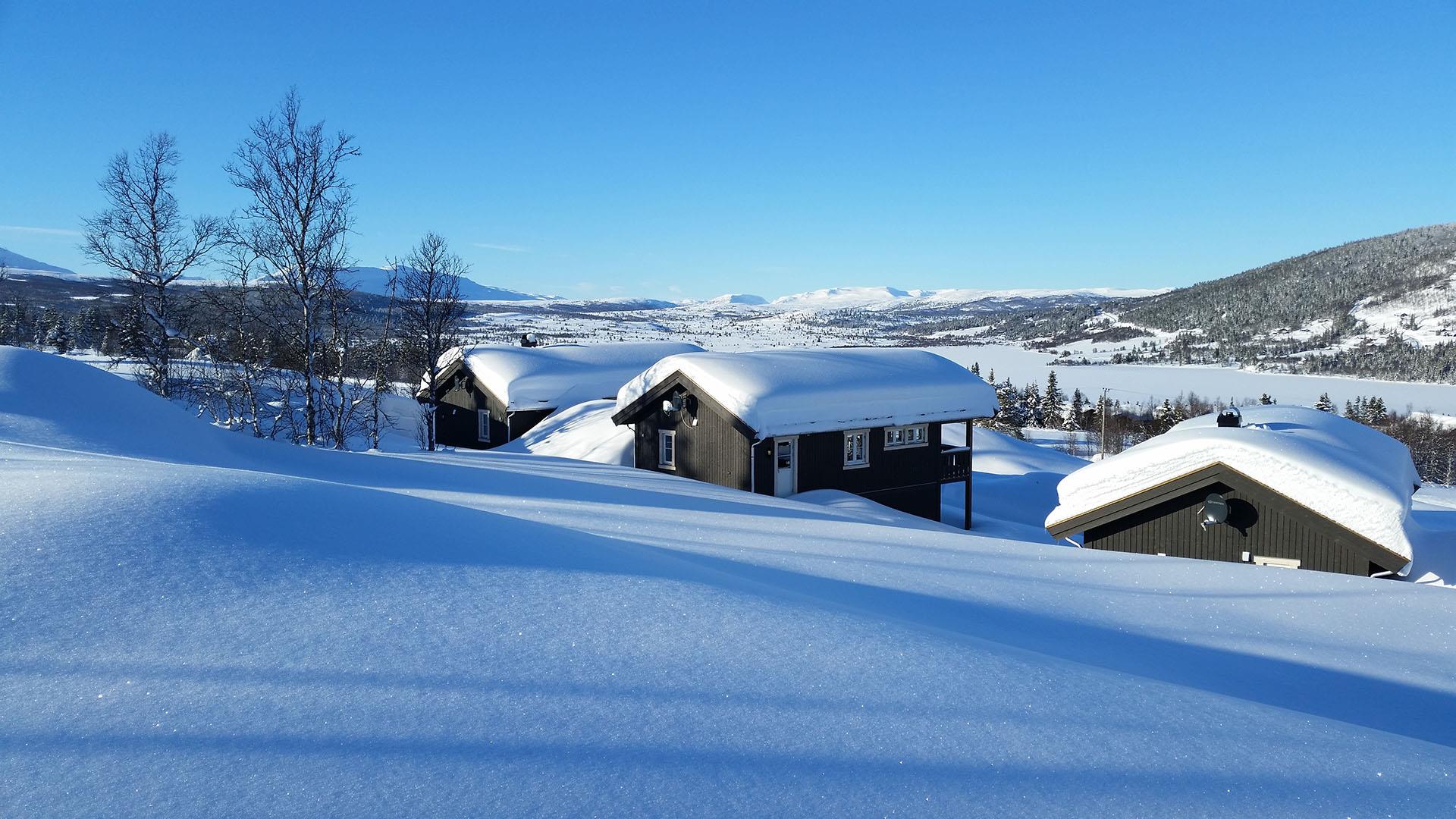 Hytter på Vaset en vinterdag