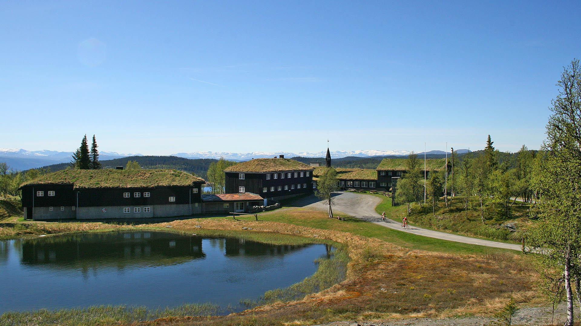 Traditional wooden buildings with grass roofs by a small pond