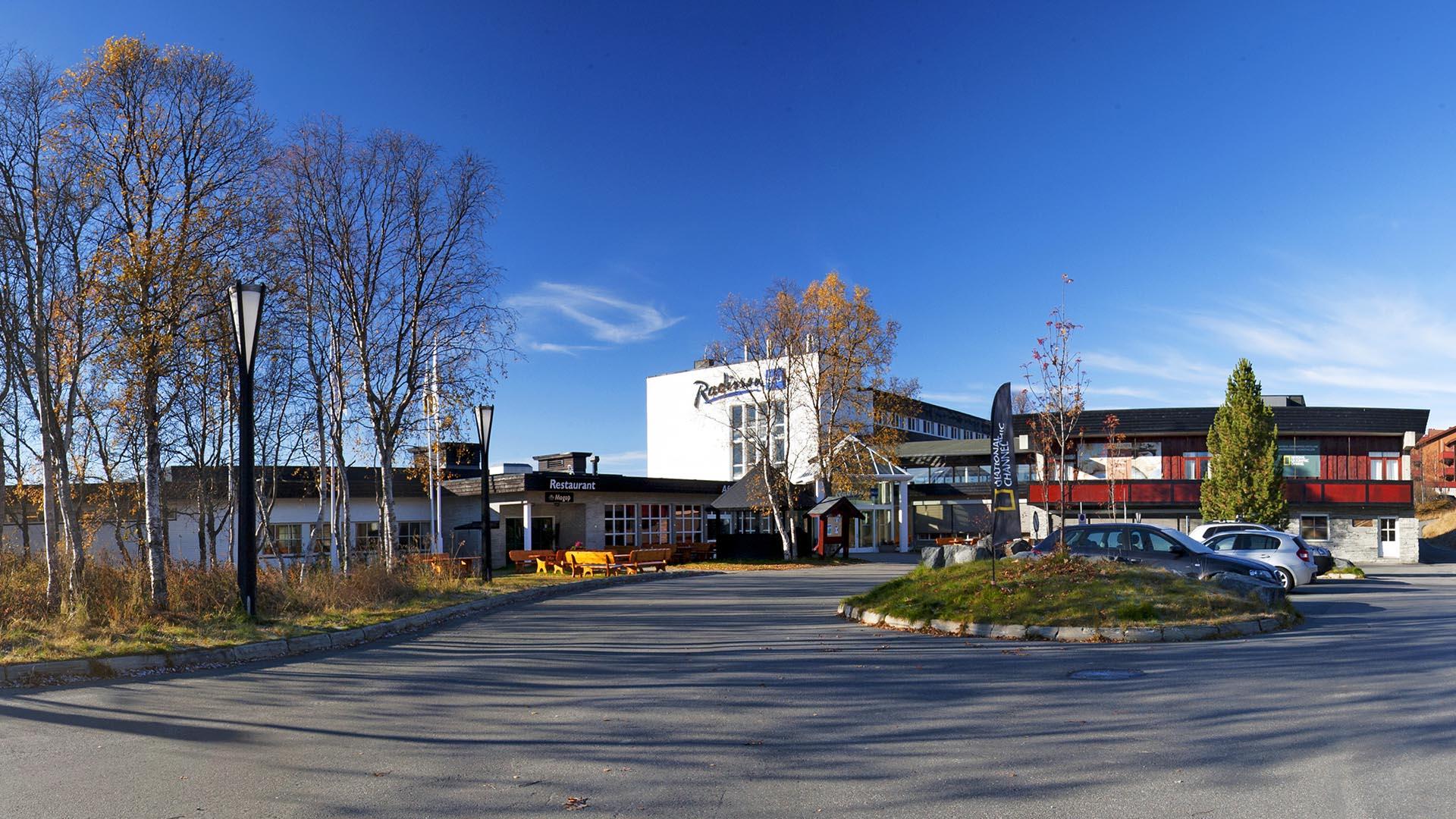 Innkjørsel til hotell med gressrondell, høstbjørker og stålblå himmel