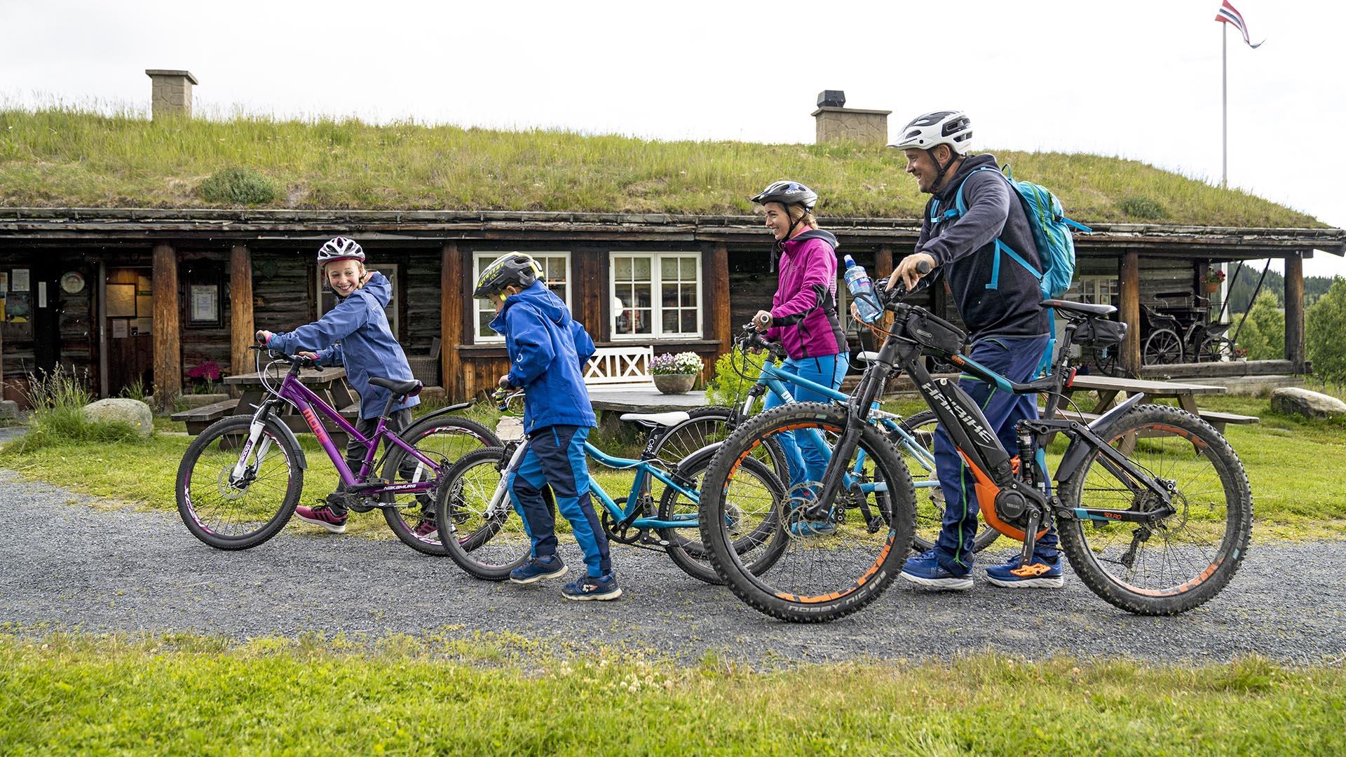 A family of four with bicycles in the yard of an old log cabin compund with grass roofs