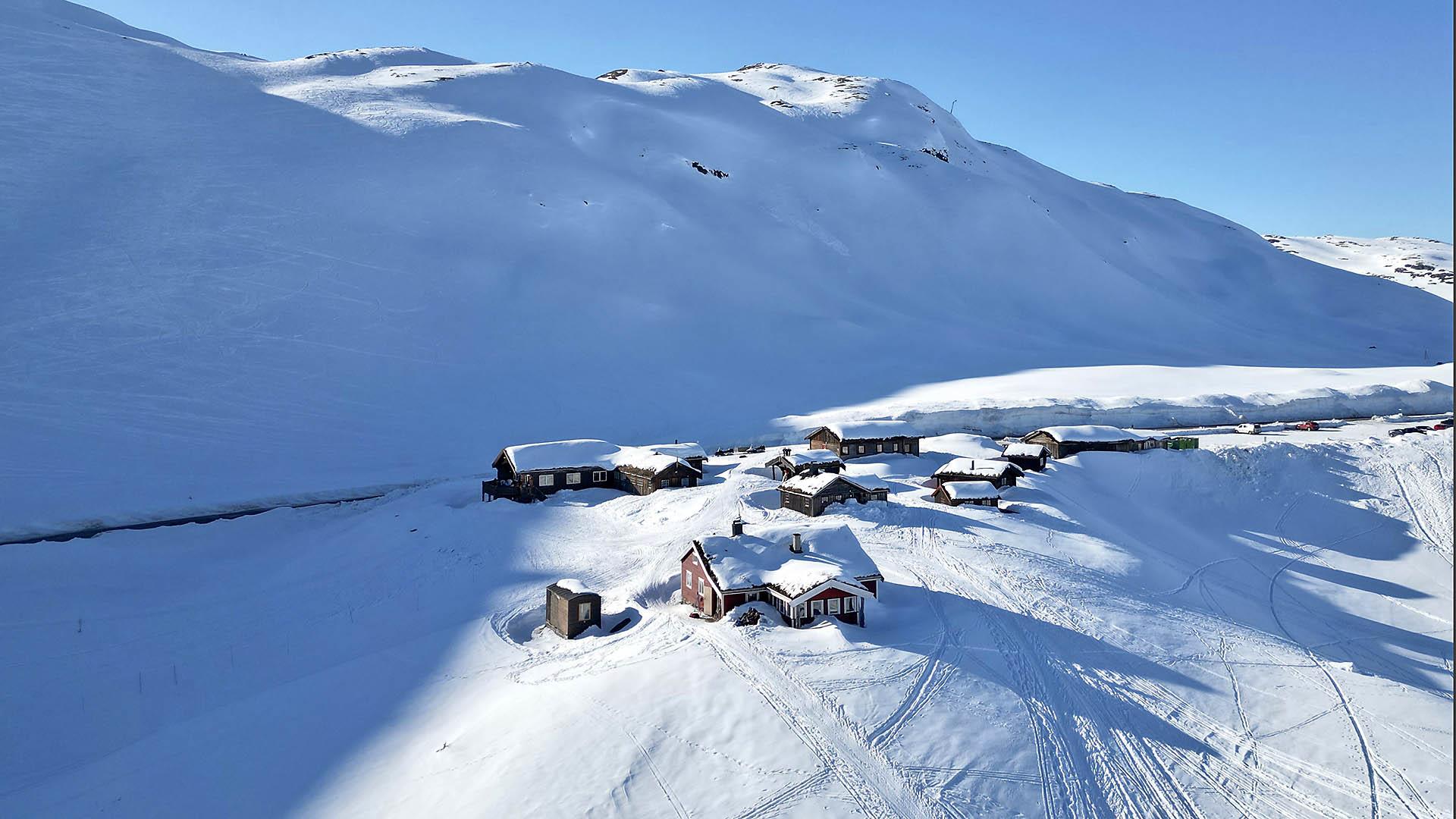 Mountain lodge with cabins in the mountains during winter